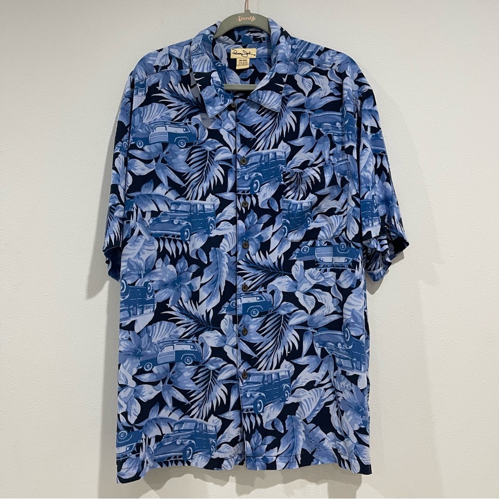 VTG Panama Jack Hawaiian Floral Woody Cars Blue Camp Button Shirt Men's 2XL